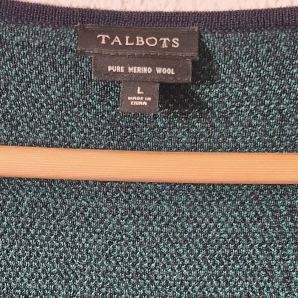 Talbots Merino Wool Plaid Cardigan Sweater Open Front Green Blue Women's Large L - Picture 5 of 6
